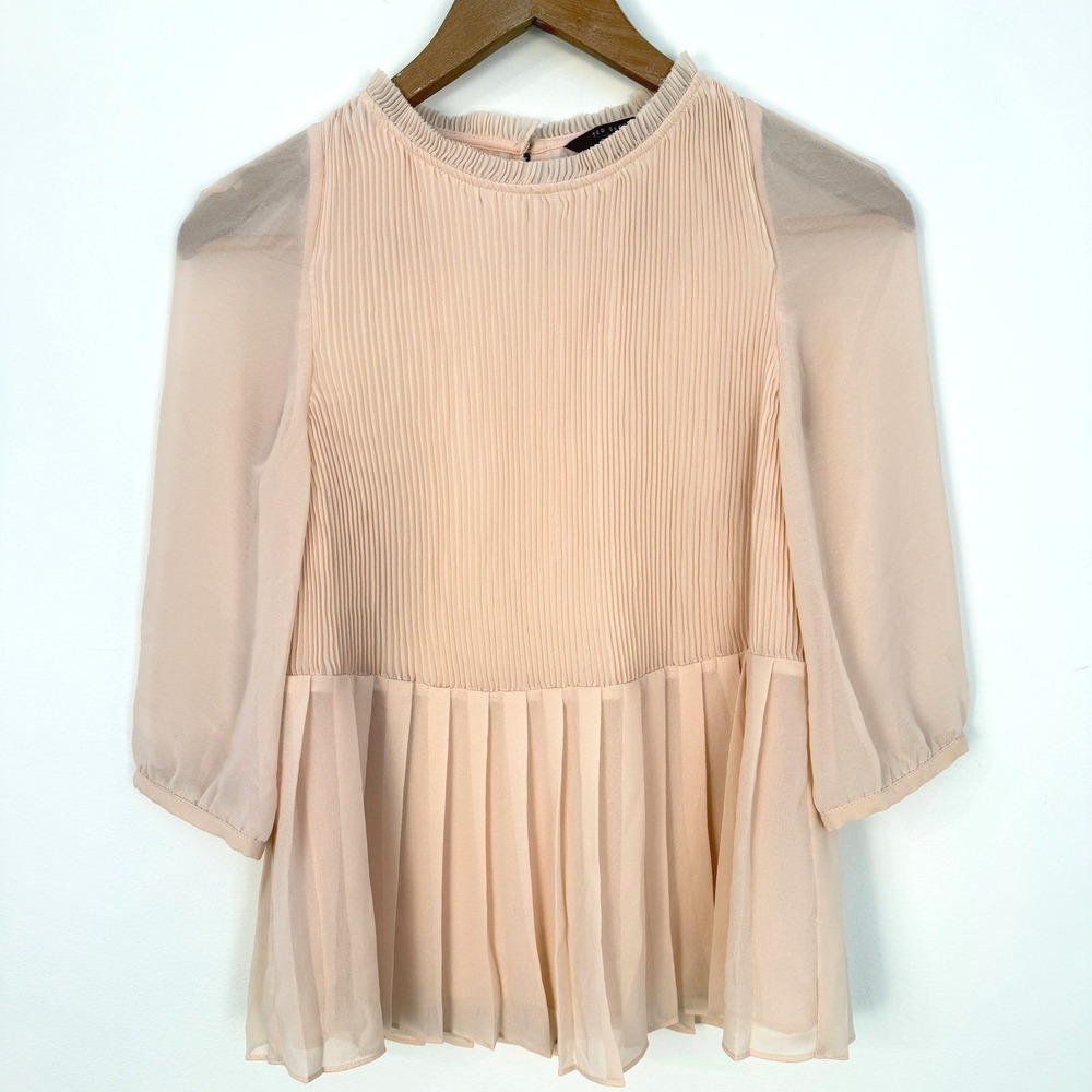 Ted Baker London Pleated Chiffon Blouse Women Size 0 Pink Peplum Sheer Sleeve - Picture 3 of 8